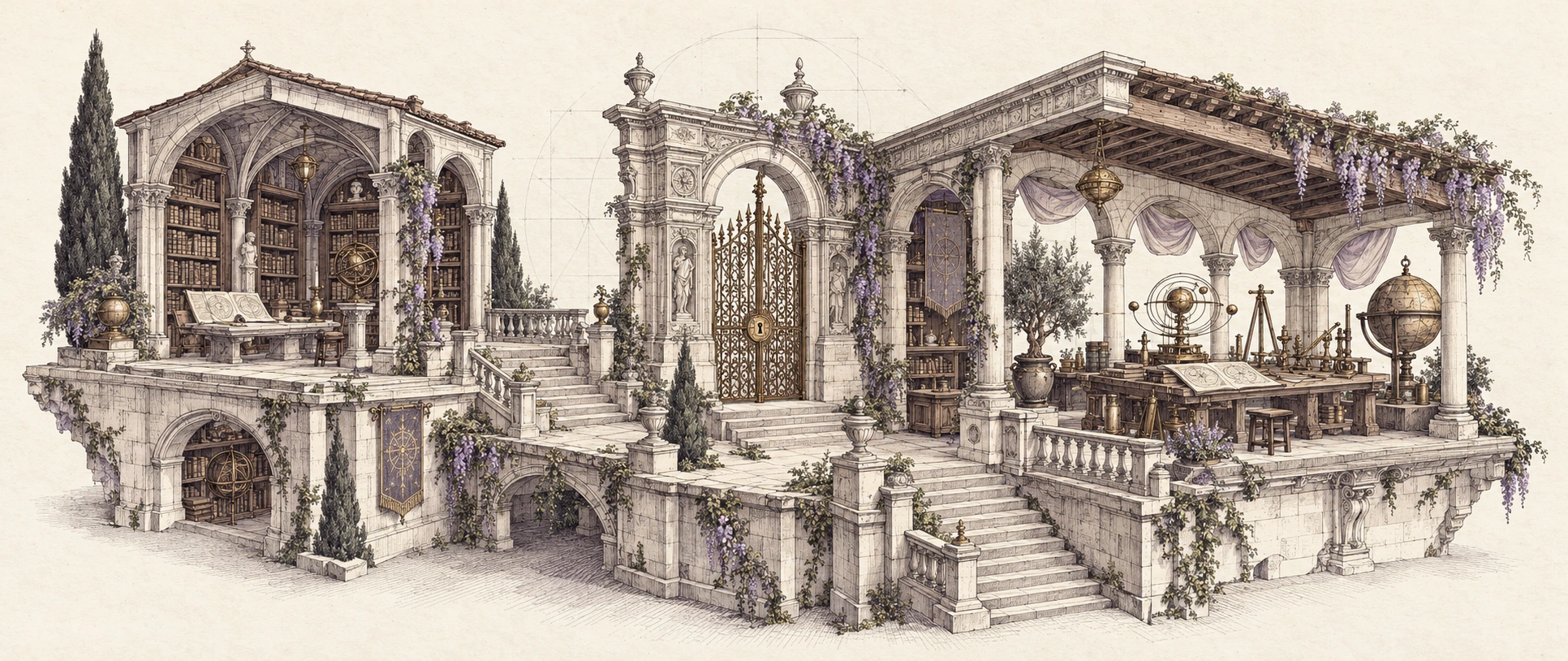 Hand-drawn architectural study of a vaulted archive, a gated central passage and a workshop of precision instruments.